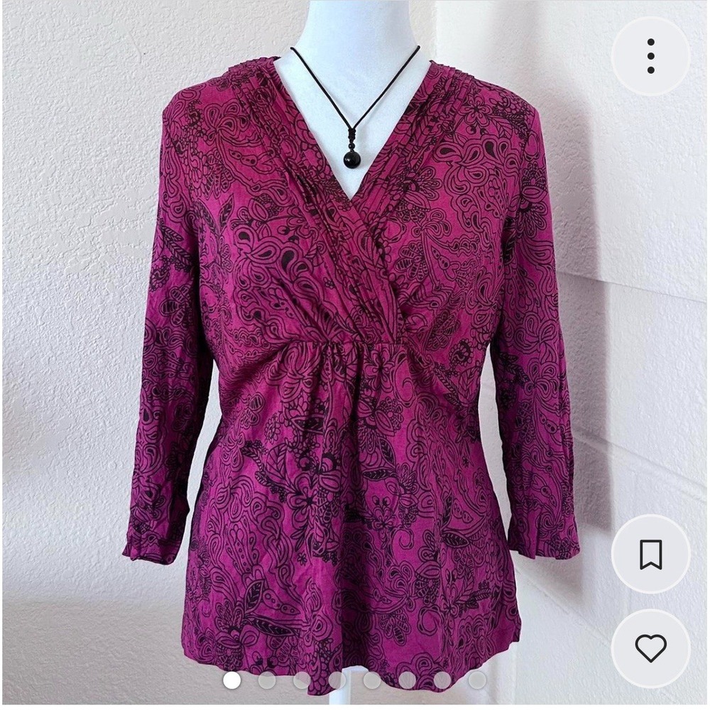 Charter Club Top Womens M Magenta Pink Paisley V-Neck 3/4 Sleeve Babydoll Office